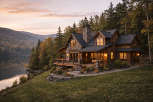 A cozy lakeside cabin is nestled among autumn trees with a soft glow from its windows. The tranquil lake and mountains complete the serene sunset scene.