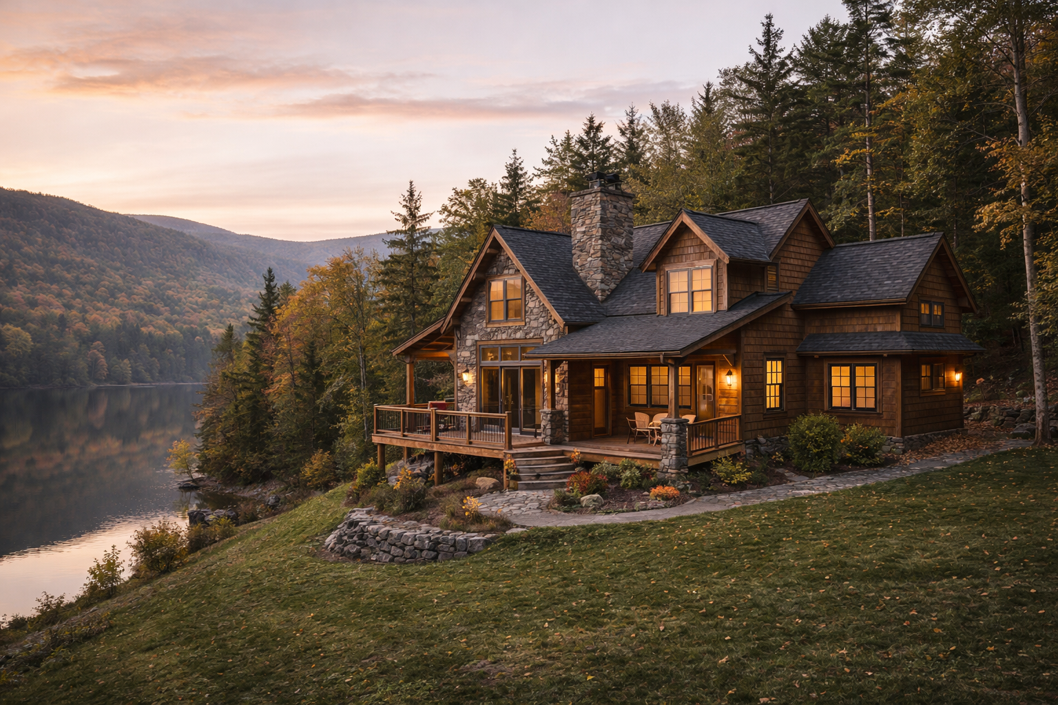 A cozy lakeside cabin is nestled among autumn trees with a soft glow from its windows. The tranquil lake and mountains complete the serene sunset scene.