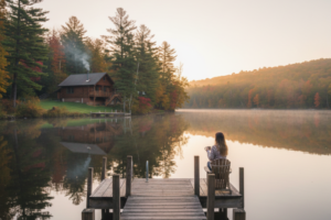A woman sits on a wooden dock overlooking a calm lake surrounded by autumn trees and a cabin with smoke rising from the chimney, in a peaceful setting.