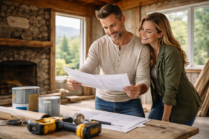 A couple in a rustic room looks over blueprints on a table with paint cans and tools. The setting conveys a warm, collaborative home renovation vibe.